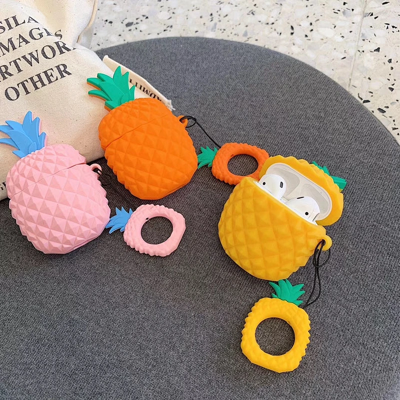 3D Cute Cartoon Fruit Pineapple Design Silicone Earphone Case with Finger Ring Protective Cover for Airpods 1 2 for Air Pod Pro