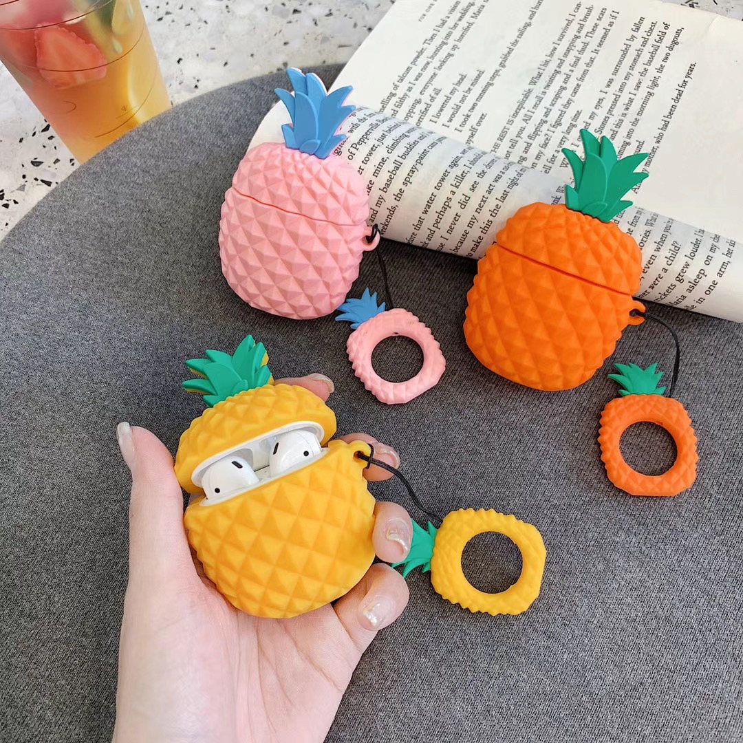 3D Cute Cartoon Fruit Pineapple Design Silicone Earphone Case with Finger Ring Protective Cover for Airpods 1 2 for Air Pod Pro